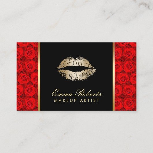 Makeup Artist Gold Lips Elegant Red Roses Visitekaartje (Voorkant)