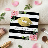 Makeup Artist Gold Lips Floral Black White Stripes Vierkante Visitekaartje