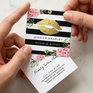Makeup Artist Gold Lips Floral Black White Stripes Vierkante Visitekaartje