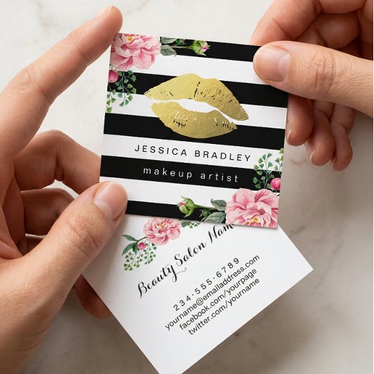 Makeup Artist Gold Lips Floral Black White Stripes Vierkante Visitekaartje