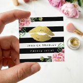 Makeup Artist Gold Lips Floral Black White Stripes Vierkante Visitekaartje