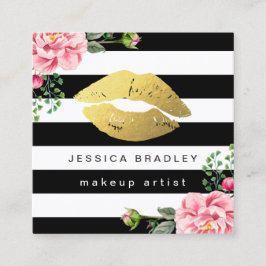 Makeup Artist Gold Lips Floral Black White Stripes Vierkante Visitekaartje