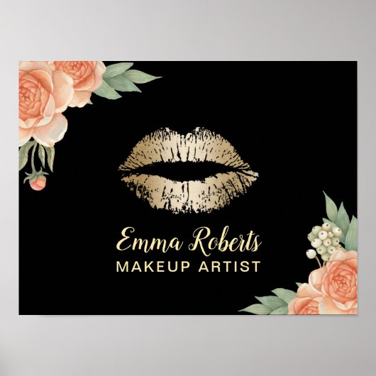 Makeup Artist Gold Lips  Floral Salon Poster (Voorkant)