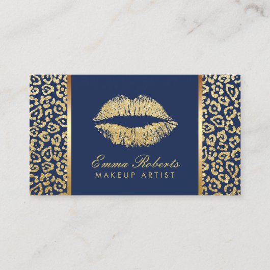 Makeup Artist Gold Lips Luxe Leopard Navy Blue Visitekaartje (Voorkant)