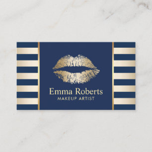 Makeup Artist Gold Lips Navy Blue & Golden Stripes Visitekaartje