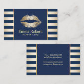 Makeup Artist Gold Lips Navy Blue & Golden Stripes Visitekaartje (Voorkant / Achterkant)