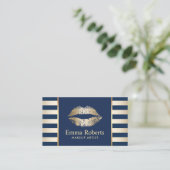 Makeup Artist Gold Lips Navy Blue & Golden Stripes Visitekaartje (Staand voorkant)