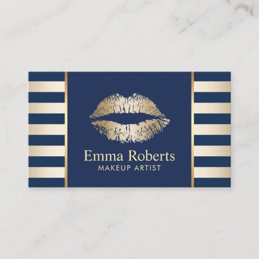 Makeup Artist Gold Lips Navy Blue & Golden Stripes Visitekaartje (Voorkant)