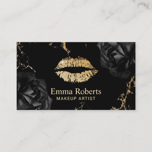 Makeup Artist Gold Lips Salon Trendy Black Floral Visitekaartje (Voorkant)