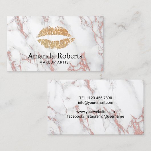 Makeup Artist Gold Lips Trendy White Marble Visitekaartje (Voorkant / Achterkant)