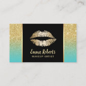 Makeup Artist Gold Lips Turquoise Gold Glitter Visitekaartje (Voorkant)
