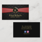Makeup Artist Gold Monogram Red Ribbon Luxe Visitekaartje (Voorkant / Achterkant)