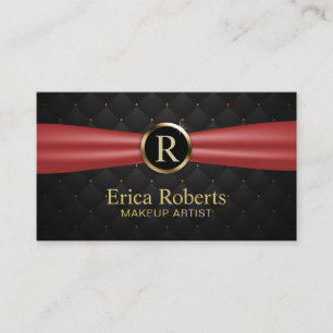Makeup Artist Gold Monogram Red Ribbon Luxe Visitekaartje