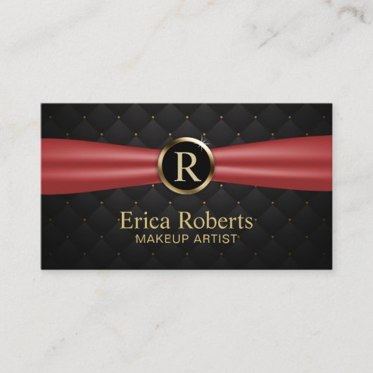 Makeup Artist Gold Monogram Red Ribbon Luxe Visitekaartje (Voorkant)