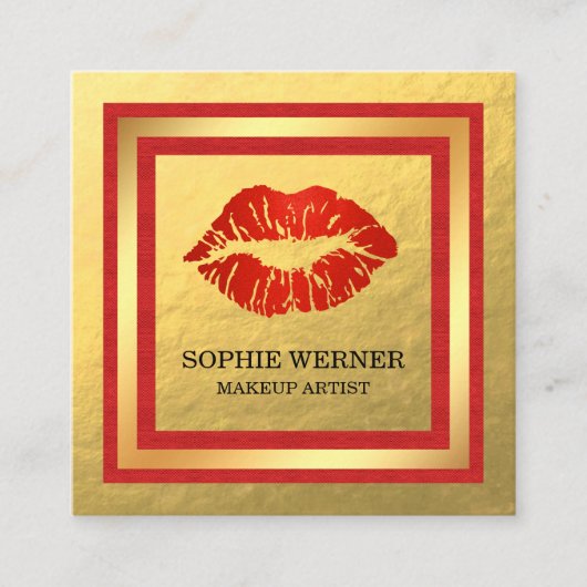 Makeup Artist Gold Red Lips Blush Vierkante Visitekaartje (Voorkant)