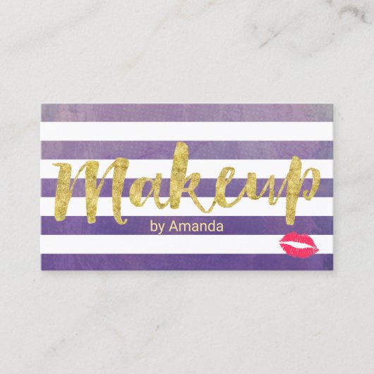 Makeup Artist Gold Script Classy Paarse Stripes Visitekaartje (Voorkant)