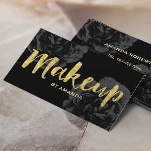 Makeup Artist Gold Script Elegant Black Floral Visitekaartje