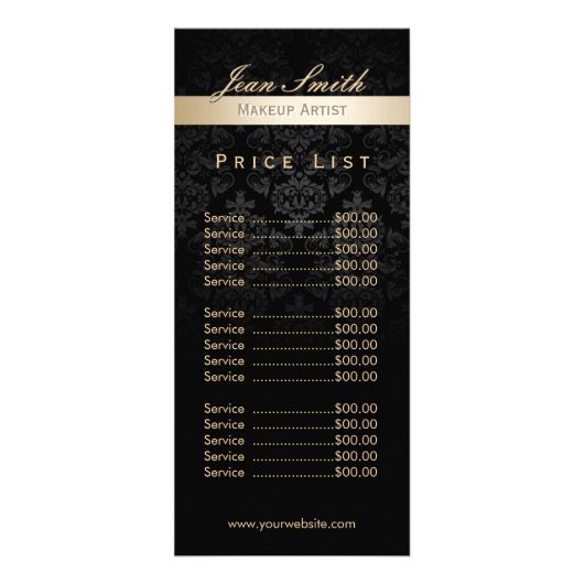 Makeup Artist Gold Striped Damask Salon Price List Reclamekaart (Voorkant)