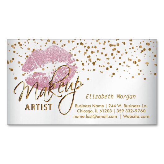 Makeup Artist - Goud Confetti en Roze Lips Magnetisch Visitekaartje (Voorkant)