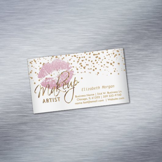 Makeup Artist - Goud Confetti en Roze Lips Magnetisch Visitekaartje (Voorbeeld)
