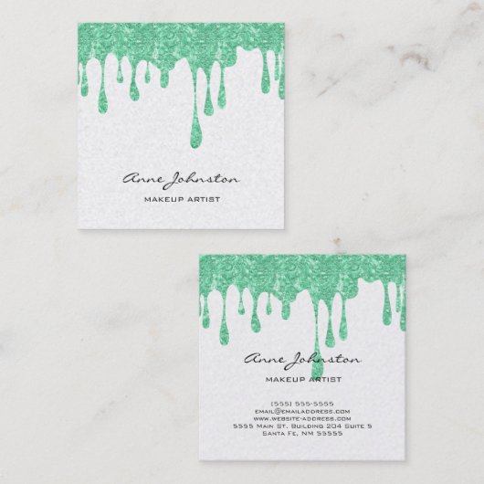Makeup Artist Green Glitter en Sparkle Vierkante Visitekaartje (Voorkant / Achterkant)