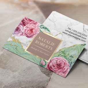 Makeup Artist Hair Salon Chic Floral Marble Agate Visitekaartje