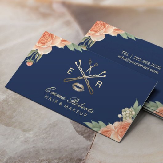 Makeup Artist Hair Salon  Floral Navy Blue Visitekaartje