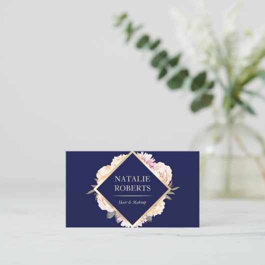 Makeup Artist Hair Salon  Floral Navy Blue Visitekaartje (Staand voorkant)