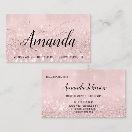 Makeup Artist Hair Salon Lash Event Roze Glitter Visitekaartje (Voorkant / Achterkant)