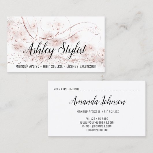 Makeup Artist Hair Salon Lash Roos Crystals White Visitekaartje (Voorkant / Achterkant)