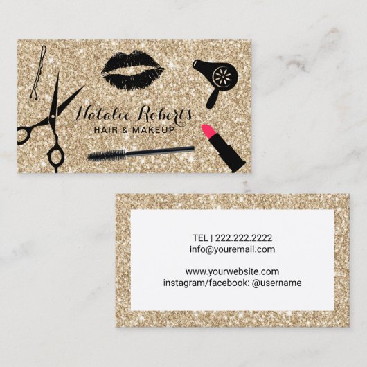 Makeup Artist & Hair Salon Modern Gold Glitter Visitekaartje (Voorkant / Achterkant)
