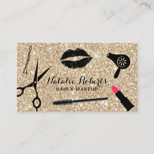 Makeup Artist & Hair Salon Modern Gold Glitter Visitekaartje (Voorkant)