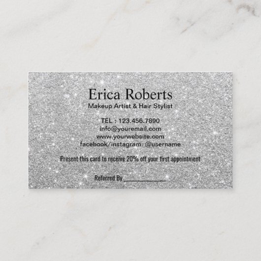 Makeup Artist Hair Salon Modern Silver Reference Aanbevelingskaartje (Achterkant)