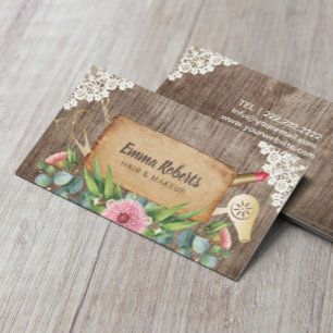 Makeup Artist Hair Salon Rustic Floral Wooden Visitekaartje
