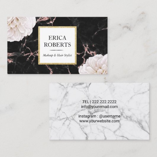 Makeup Artist Hair Salon White Floral Chic Marble Visitekaartje (Voorkant / Achterkant)