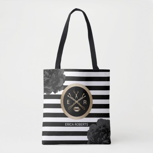Makeup Artist Hair Stylist Black Floral Stripes Tote Bag (Voorkant)