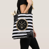 Makeup Artist Hair Stylist Black Floral Stripes Tote Bag (Dichtbij)