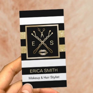 Makeup Artist Hair Stylist Black & Gold Stripes Visitekaartje