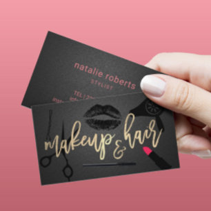Makeup Artist Hair Stylist Black & Gold Typography Visitekaartje