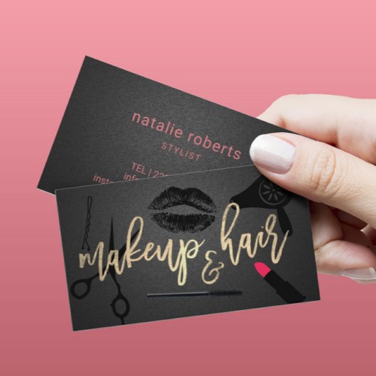 Makeup Artist Hair Stylist Black & Gold Typography Visitekaartje