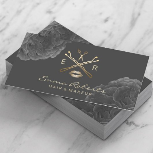 Makeup Artist Hair Stylist Dark Floral Gold Logo Visitekaartje