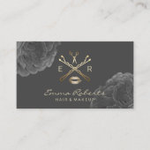 Makeup Artist Hair Stylist Dark Floral Gold Logo Visitekaartje (Voorkant)