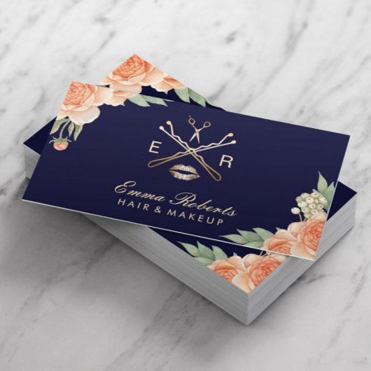Makeup Artist Hair Stylist  Floral Navy Visitekaartje