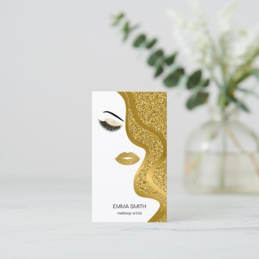 Makeup Artist Hair Stylist Gold Glitter Business Visitekaartje (Staand voorkant)