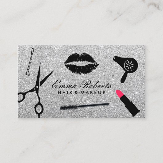 Makeup Artist & Hair Stylist Modern Silver Glitter Visitekaartje (Voorkant)