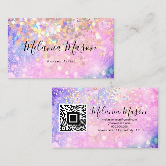 Makeup Artist Holographic Sparkly Glitter QR Code Visitekaartje (Voorkant / Achterkant)