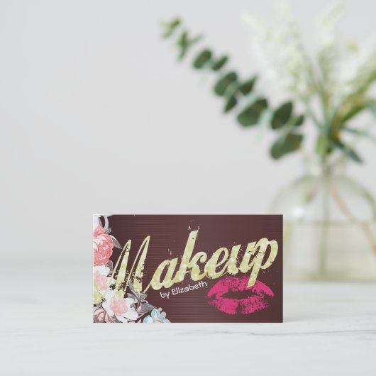 Makeup Artist Hot Pink Lips  Floral Salon Visitekaartje (Staand voorkant)