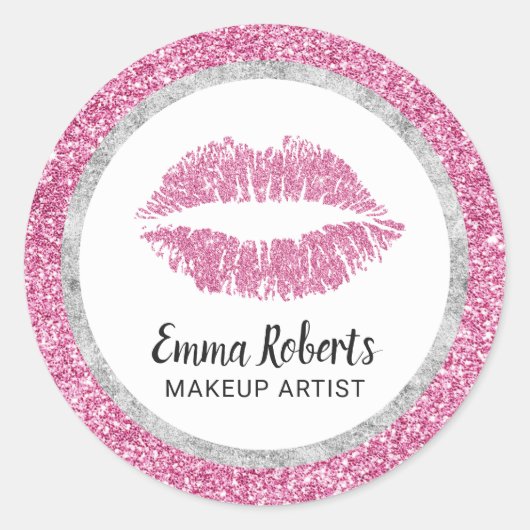Makeup Artist Hot Pink Lips Modern Faux Glitter Ronde Sticker (Voorkant)