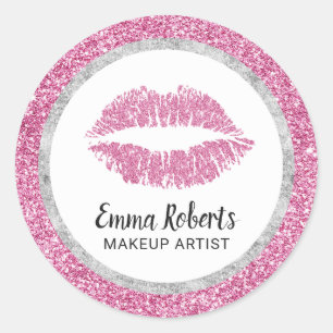 Makeup Artist Hot Pink Lips Modern Faux Glitter Ronde Sticker
