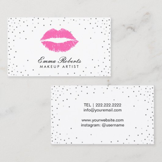 Makeup Artist Hot Pink Lips Silver Confetti Visitekaartje (Voorkant / Achterkant)